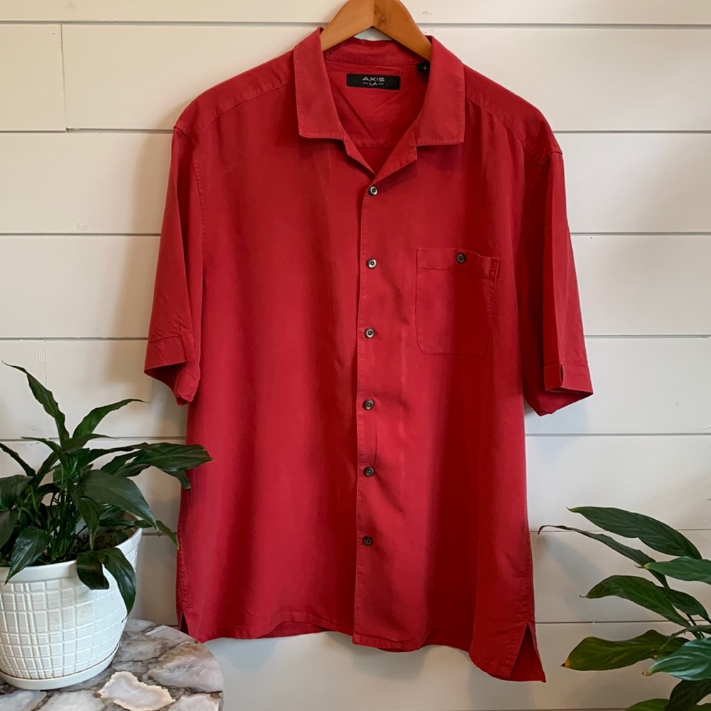 AXIS | LA   |	Men's Silk Button-up Short Sleeve Shirt	|  Red